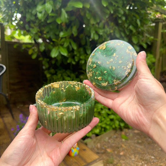 Large Handmade Resin Coin Pot With Lid; Emerald Green