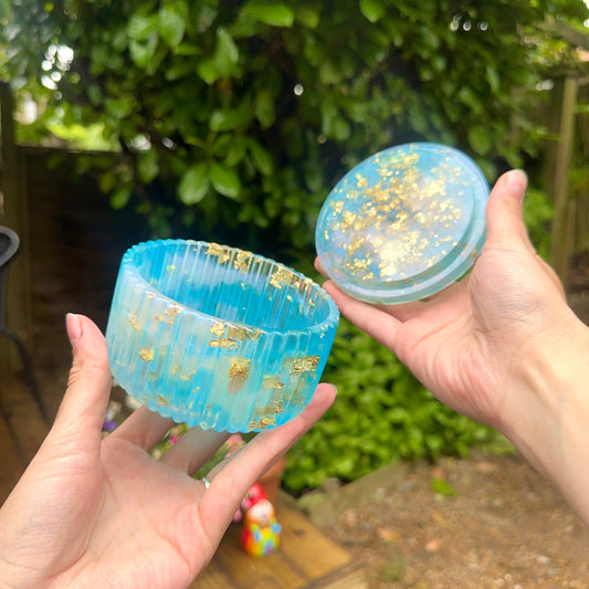 Large Handmade Resin Coin Pot With Lid; Blue