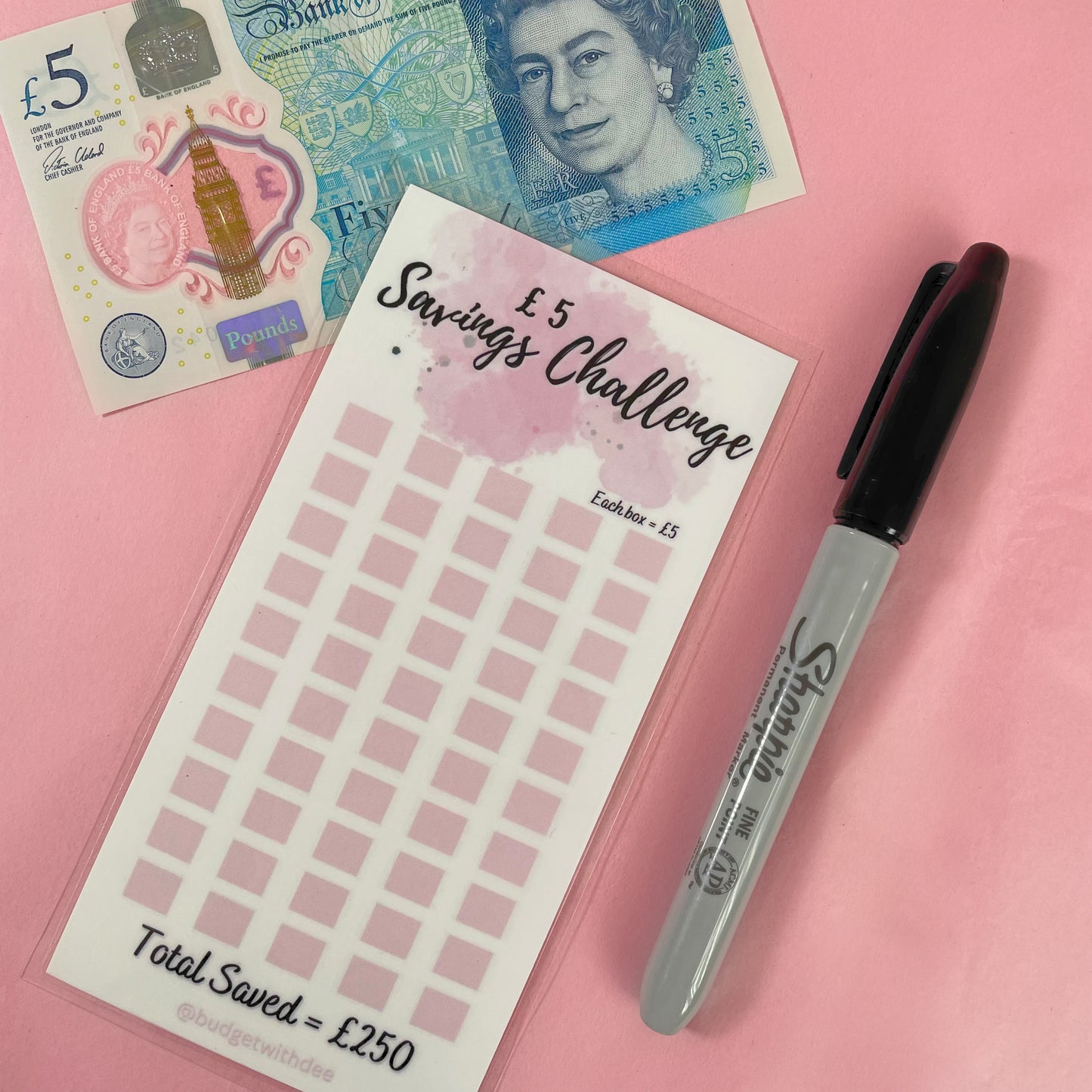 Save £250! £5 Savings Challenge in Baby Pink | Laminated Savings Tracker