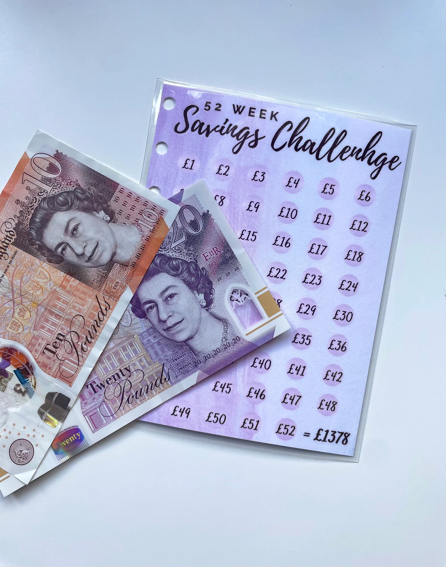 52 Week Savings Challenge - Hole Punched Laminated Tracker